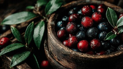   Bowl of berries with leaves