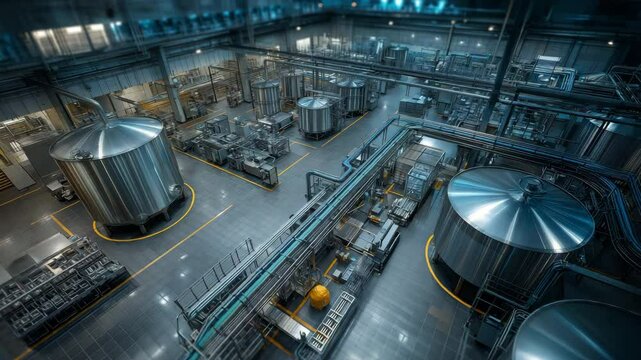 View from above  A brewery's contemporary beer canning process, complete with gleaming aluminium cans and apparatus
