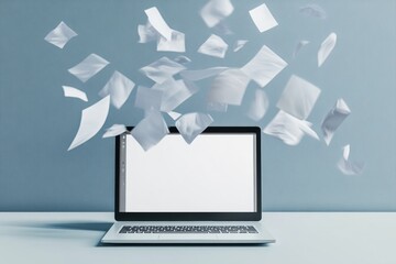 Laptop With white screen floating or flying, A laptop with a white screen appears to be floating in mid-air against a plain