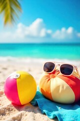 A vibrant summer scene featuring bright beach balls, colorful towels, and sunglasses on a sunny beach, evoking carefree summer fun , vibrant colors, sun, sea