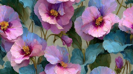   A painting featuring pink and blue blooms on a beige canvas with green foliage and matching hues in the background