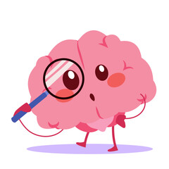 Cartoon of a brain character actively searching for something. Drawing for memory, study or exploration concepts