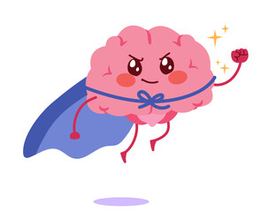 Cartoon of a brain character flying like a superhero with a cape. Drawing for confidence, creativity and intelligence concepts