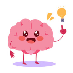 Cute cartoon vector illustration of a brain character having an idea with a glowing light bulb above. Drawing for educational or creative business designs
