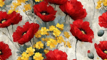   A stunning painting of vibrant red, yellow and white flowers set against a pristine white and gray backdrop, featuring captivating red and yellow blooms
