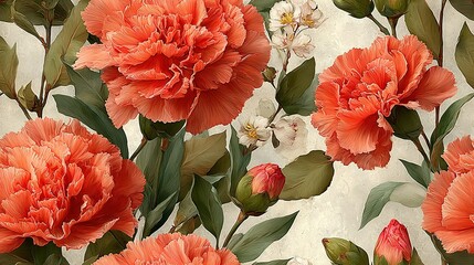   Close-up of white background featuring red and orange flowers and green leaves
