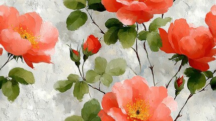  Red flowers with green leaves on white background and yellow center
