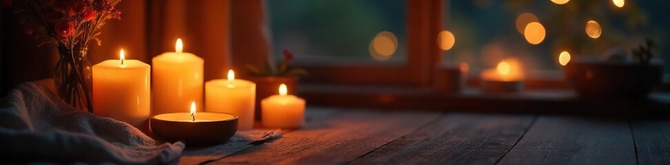 Romantic ambiance created by flickering candlelight illuminating a cozy interior scene Perfect for relaxation, meditation, or a peaceful evening , dim, meditation