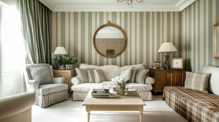 Cozy living room with striped wallpaper