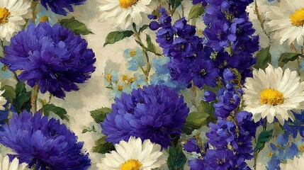   A painting depicts blue and white flowers against a white and blue background, featuring green leaves and yellow and white flowers