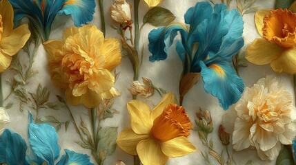   A tablecloth featuring blue, yellow, and orange flowers arranged on a white background