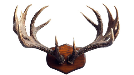 Deer Antler Trophy for Hunting Lodge or Decor Mounted set of mature deer antlers with wooden plaque perfect for use as a hunting trophy or rustic interior decor. The antlers are detailed, showing text
