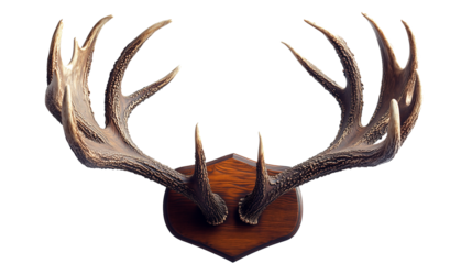 Deer Antler Trophy for Hunting Lodge or Decor Mounted set of mature deer antlers with wooden plaque perfect for use as a hunting trophy or rustic interior decor. The antlers are detailed, showing text