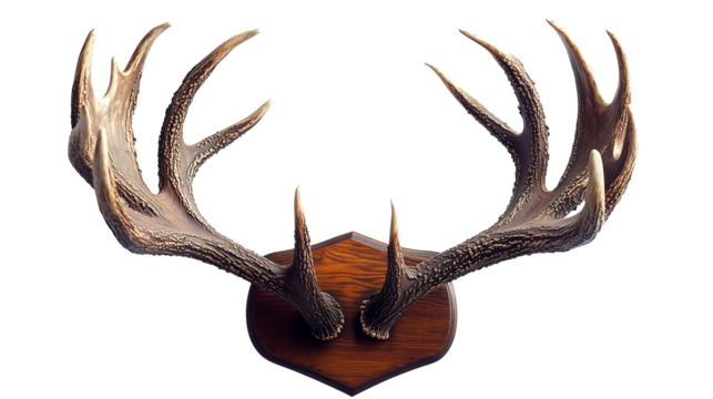Deer Antler Trophy for Hunting Lodge or Decor Mounted set of mature deer antlers with wooden plaque perfect for use as a hunting trophy or rustic interior decor. The antlers are detailed, showing text