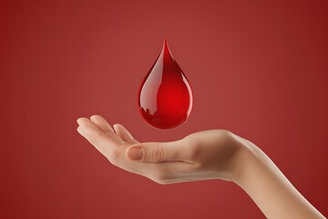 Red blood drop on open hand against red background