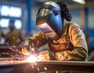 Woman welder working in a factory