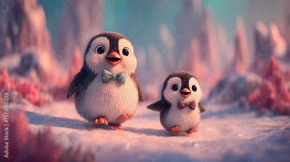 Poster a few tiny penguins huddled together on a snowy field with towering trees and lush bushes surroundin