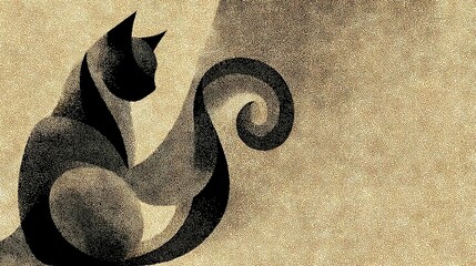   Black & White Cat on Beige Background - Shadow on Left Side