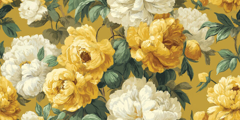 Luxurious Golden Yellow Peony Floral Seamless Pattern. Opulent Painterly Botanical Bloom Design trendy design, textile, packaging, fabric, wallpaper branding, stationery, wrapping paper interior decor