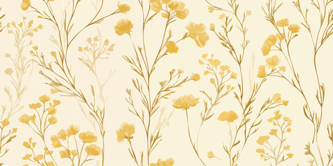 Delicate Golden Wildflowers Seamless Pattern. Ethereal Botanical Meadow Repeat Background for design, textile, packaging, fabric, wallpaper, packaging, branding, stationery, wrapping paper decor