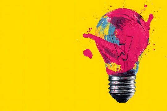 A colorful light bulb is splattered with bright pink, blue, and yellow paint on a vivid yellow background. This artwork represents creativity and inspiration in design and innovation
