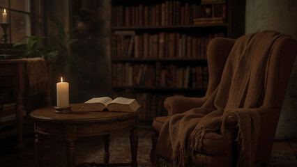 Cozy Reading Nook Antique Bookshelves, Armchair, and Candlelight