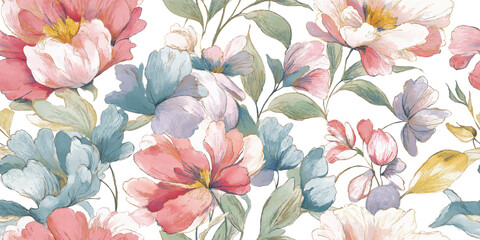 Elegant Watercolor Floral Seamless Pattern with Gold Accents. Luxurious Modern Botanical Repeat for design, textile, packaging, fabric, wallpaper, branding, stationery, wrapping paper interior decor