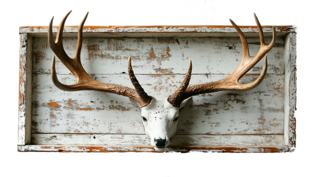 Deer Antler Trophy for Hunting Lodge or Decor Mounted set of mature deer antlers with wooden plaque perfect for use as a hunting trophy or rustic interior decor. The antlers are detailed, showing text