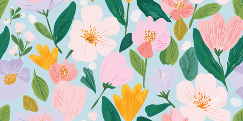 Joyful Modern Flat Floral Seamless Pattern. Vibrant Spring Summer Garden Bloom Design for trendy design, textile, packaging, fabric, wallpaper, branding, stationery, wrapping paper interior decor
