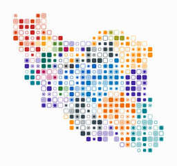 Iran, shape of the country build of colored cells. Digital style map of the Iran on white background. Large size rounded square blocks. Plain vector illustration.
