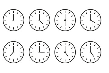 Clock icon set featuring various clock faces with different styles and designs isolated on transparent background.