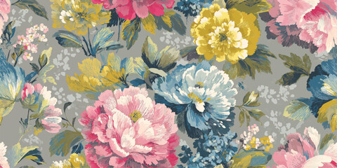 Opulent Vintage Painterly Floral Seamless Pattern. Lush Grand Peony Bloom Design for design, textile, packaging, fabric, wallpaper, branding, stationery, wrapping paper interior decor