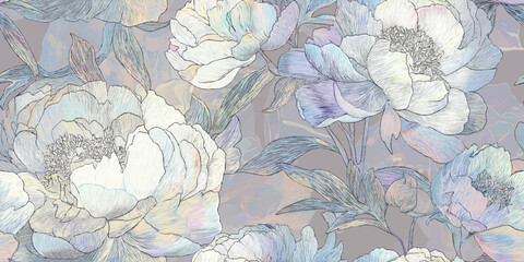 Elegant Serene White Peony Floral Seamless Pattern. Delicate Luxurious Botanical Bloom Design trendy design, textile, packaging, fabric, wallpaper, branding, stationery, wrapping paper interior decor