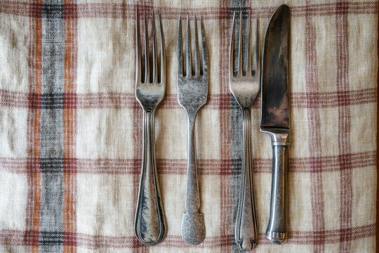 Unique arrangement of vintage silverware on a checkered tablecloth at a rustic dining setting in the afternoon