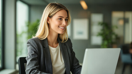 Blond kobieta pracująca przy laptopie w jasnym biurze. Styl casual business, lekki uśmiech, realistyczne zdjęcie z miękkim światłem i profesjonalnym wnętrzem korporacyjnym.