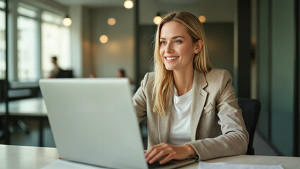 Blond kobieta pracująca przy laptopie w jasnym biurze. Styl casual business, lekki uśmiech, realistyczne zdjęcie z miękkim światłem i profesjonalnym wnętrzem korporacyjnym.