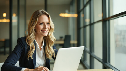 Blond kobieta pracująca przy laptopie w jasnym biurze. Styl casual business, lekki uśmiech, realistyczne zdjęcie z miękkim światłem i profesjonalnym wnętrzem korporacyjnym.