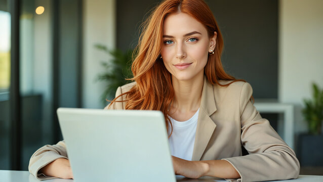 Rudowłosa kobieta przy laptopie w nowoczesnym biurze. Styl casual business, naturalny uśmiech i swobodna poza, realistyczne zdjęcie z miękkim światłem i biurowym tłem.