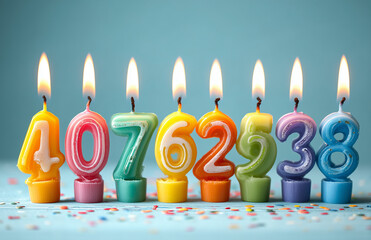 Burning birthday candles showing a random number on blue background