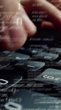 Creative visual of computer programming coding and software development shown by man working on computer keyboard with overlay of computer graphic displaying abstract program codes and computer script