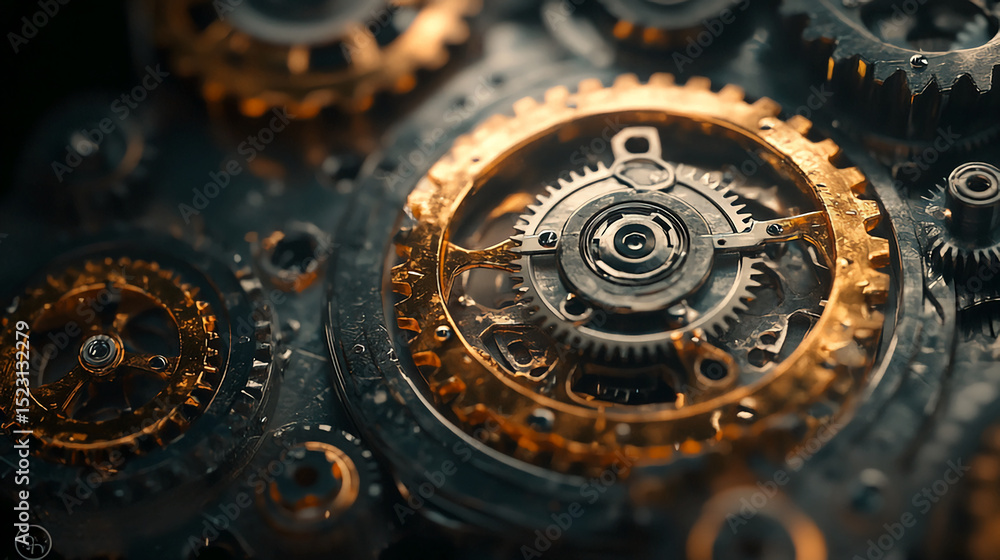 Poster mechanical gears clockwork intricate mechanism engineering technology time machine design steampunk 