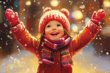 Merry Christmas and Happy New Year. A cheerful little child, A cheerful child in festive attire wishes Merry Christmas and Happy New Year, surrounded by holiday decorations