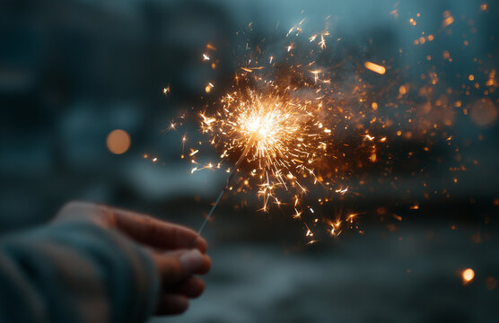 Hand holding a burning sparkler in the dark