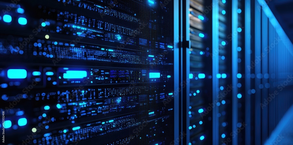 Fototapete Detailed close-up of illuminated server units with glowing blue panels in a high performance data center corridor, representing advanced networking and digital cloud systems