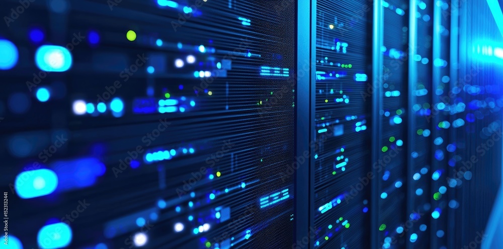 Fototapete Close-up of high speed server racks with vibrant blue and green indicator lights in a secure modern data center, ideal for cloud computing, storage, and IT infrastructure visuals