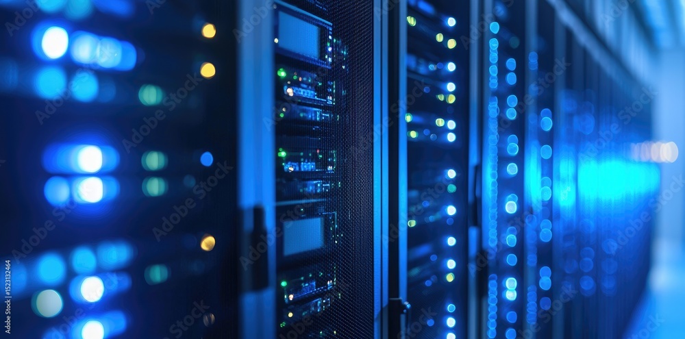 Leinwandbilder High tech server room with rows of glowing blue hardware units and illuminated panels, representing modern cloud computing and secure data infrastructure environments