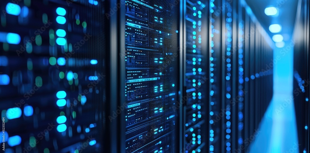 Leinwandbilder brightly lit corridor of high performance servers with glowing blue indicators, representing advance