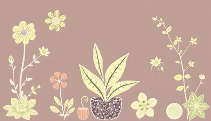 Vibrant green plants growing in the sunlight., hand-drawn digital illustration. White tone