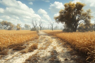 Scenic Autumn Roadway through Rustic Wheat Fields and Natural Beauty