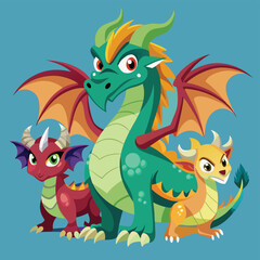 Naklejka premium Three Colorful Cartoon Dragons Standing Together on a Blue Background